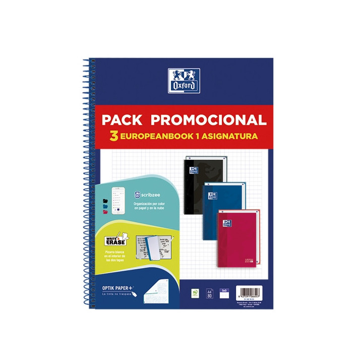 Oxford Europeanbook 1 Classic Pack de 3 Cuadernos Espiral Formato A4+ Cuadriculado 5x5mm - 80 Hojas 90gr - Tapa Extradura Tacto