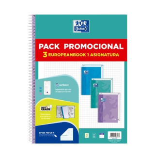 Oxford Europeanbook 1 Touch Pack de 3 Cuadernos Espiral Formato A4+ Cuadriculado 5x5mm - 80 Hojas 90gr - Tapa Extradura Tacto S
