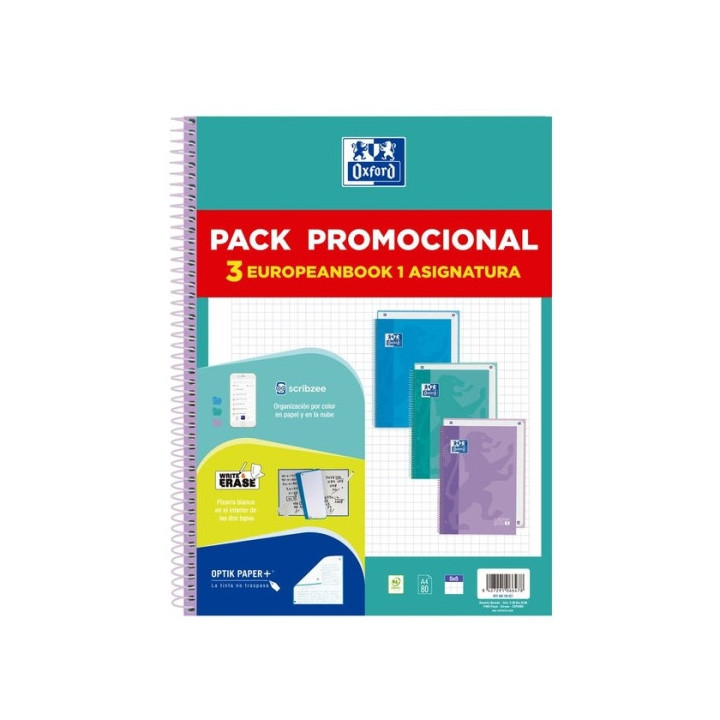 Oxford Europeanbook 1 Touch Pack de 3 Cuadernos Espiral Formato A4+ Cuadriculado 5x5mm - 80 Hojas 90gr - Tapa Extradura Tacto S