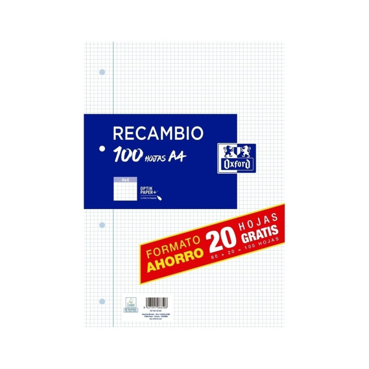Oxford Recambio Formato A4 Cuadriculado 4x4mm 4 Taladros - 80 Hojas + 20 Gratis 90gr con Margen