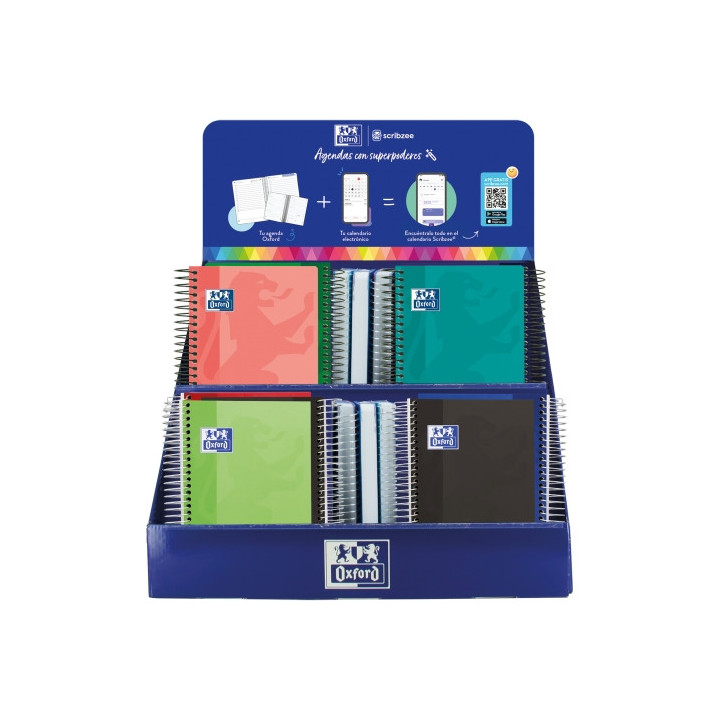 Oxford Basicos Expositor de 38 Agendas Escolares 25/26 Espiral - Incluye Agendas de Dia Pagina y Semana Vista - Diseños Surtid