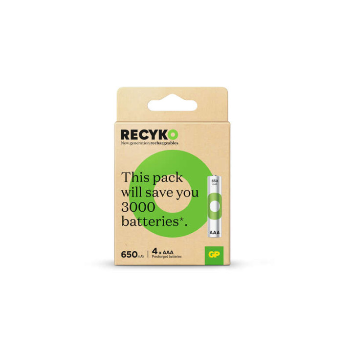 GP ReCyko Pack de 4 Pilas Recargables 650mAh AAA 1.2V - Precargadas - Fabricadas con mas del 10% de Materiales Reciclados