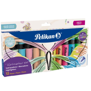 Pelikan Textmarker 490 Pack con 12 Marcadores Fluorescentes - Base de Agua - 3 Anchos de Trazo - Colores Fluor y Pastel Surtido