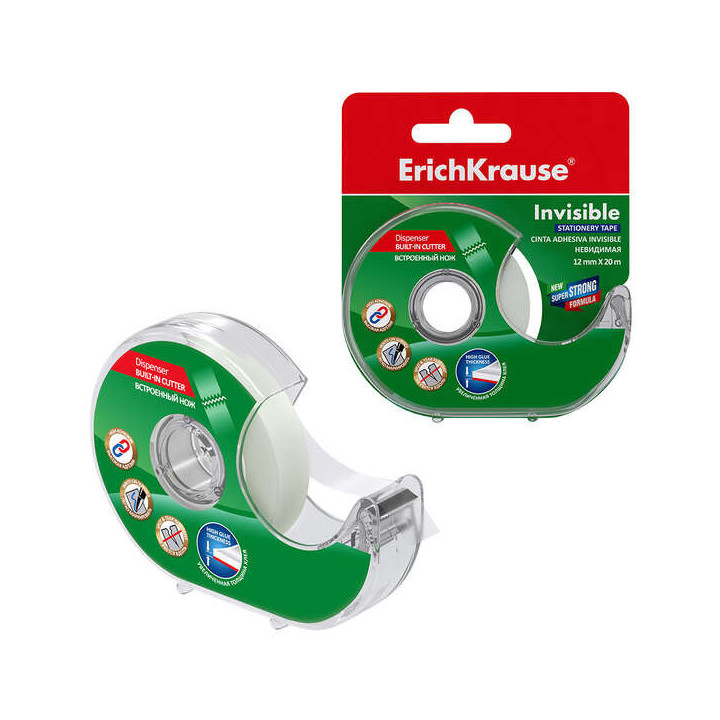 Erichkrause Cinta Adhesiva Invisible con Aplicador 12mmx20m - Superficie Mate - Apta para Escribir Encima - Transparente