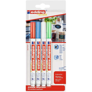 Edding 4085 Basicos Pack de 4 Rotuladores de Tiza Liquida - Punta Redonda - Trazo 1-3mm - Olor Neutro - Colores Blanco