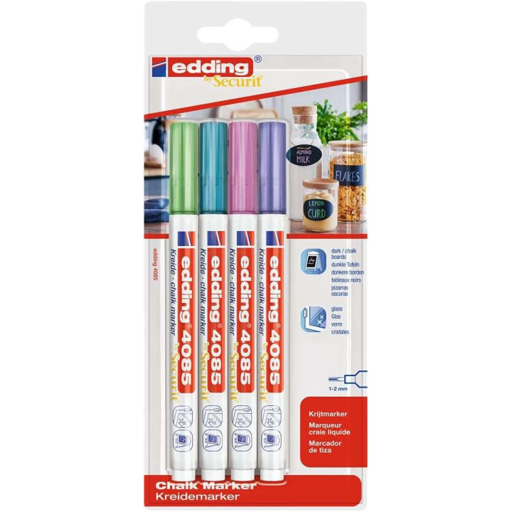Edding 4085 Metalicos Pack de 4 Rotuladores de Tiza Liquida - Punta Redonda - Trazo 1-3mm - Olor Neutro - Colores Azul