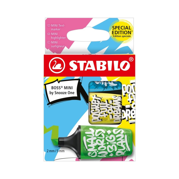 Stabilo Boss Mini by Snooze One Pack de 3 Mini Marcadores Fluorescentes - Trazo entre 2 y 5mm - Tinta con Base de Agua - Antise