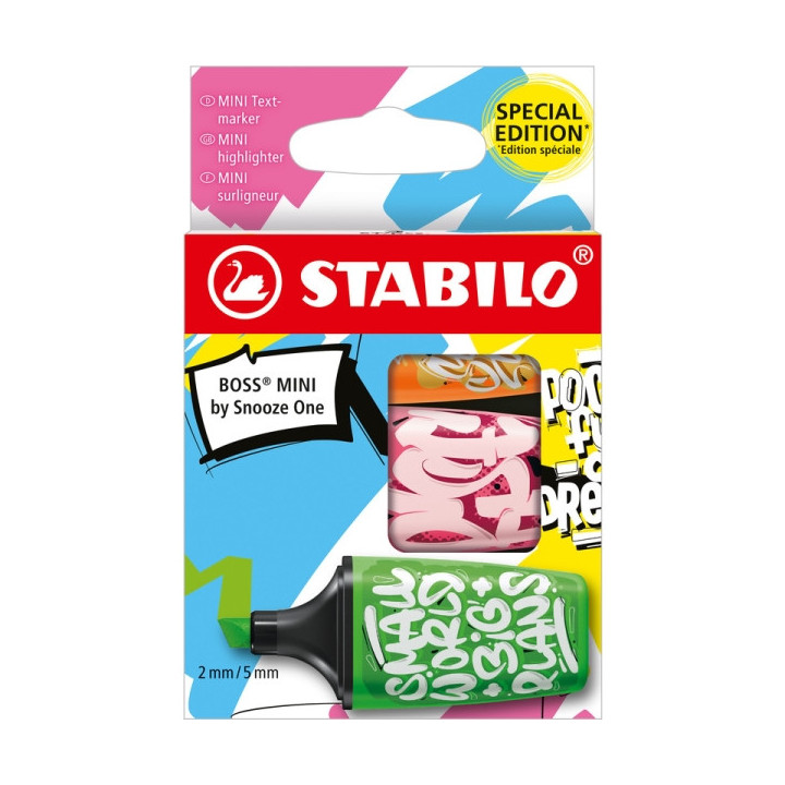 Stabilo Boss Mini by Snooze One Pack de 3 Mini Marcadores Fluorescentes - Trazo entre 2 y 5mm - Tinta con Base de Agua - Antise