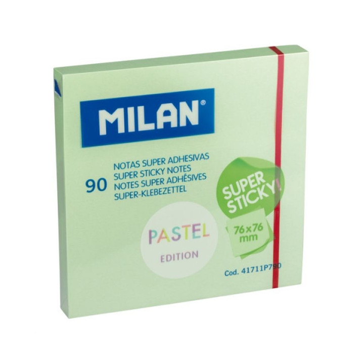 Milan Bloc de 90 Notas Super Adhesivas - Removibles - Mayor Permanencia - 76mm x 76mm - Color Verde Pastel
