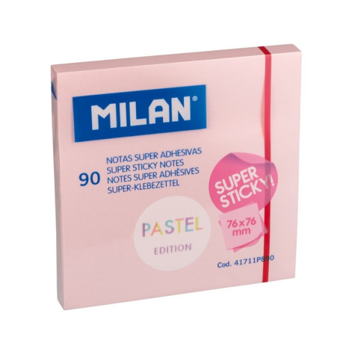 Milan Bloc de 90 Notas Super Adhesivas - Removibles - Mayor Permanencia - 76mm x 76mm - Color Rosa Pastel