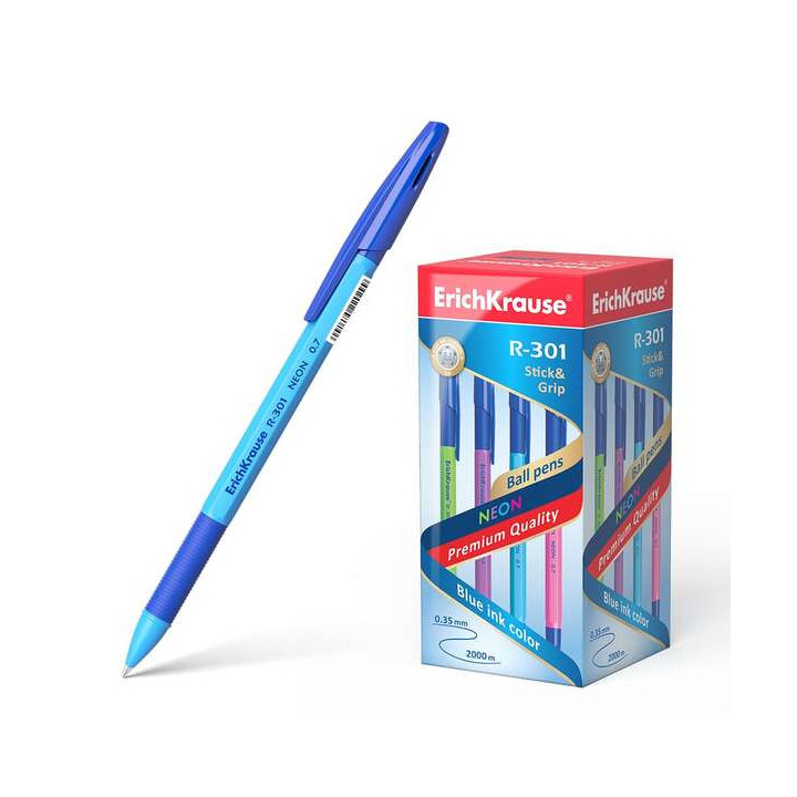 Erichkrause Boligrafo R-301 Neon Stick&Grip 0.7 - Cuerpo Hexagonal Translucido - Zona de Agarre de Goma - Punta de 0.7mm - Tint