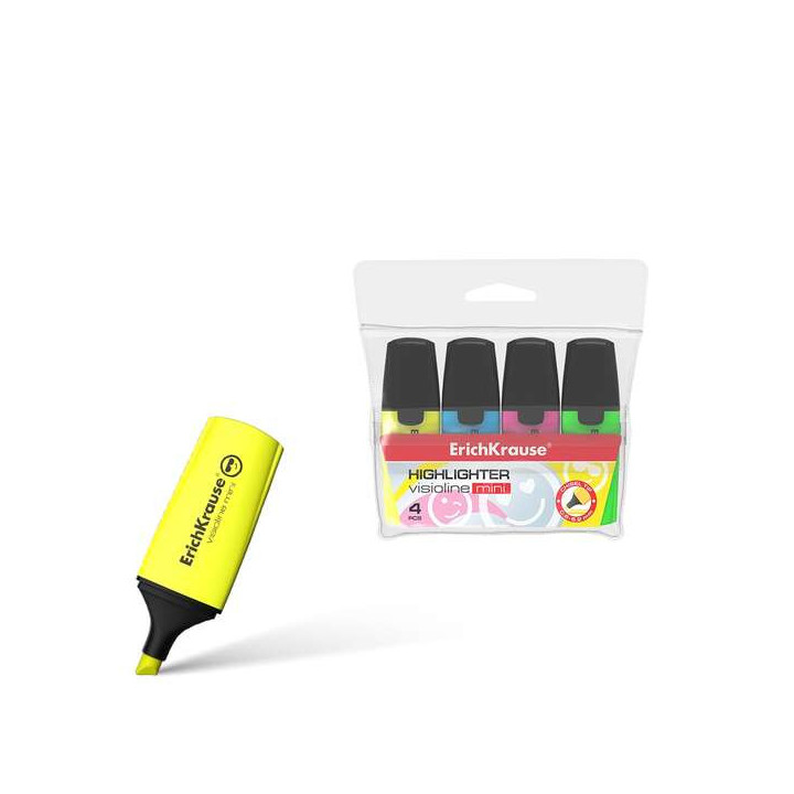 Erichkrause Visioline Mini Pack de 4 Marcadores - Miniformato con Divertidos Emoticonos - Colores: Amarillo