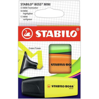 Stabilo Boss Mini Pack de 3 Marcadores Mini Fluorescentes - Trazo entre 2 y 5mm - Tinta con Base de Agua - Antisecado - Colores