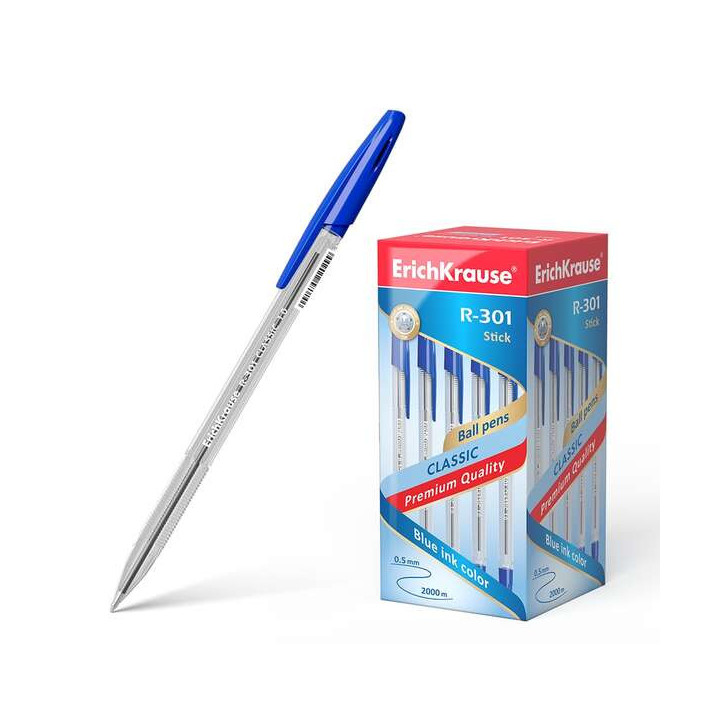 Erichkrause R-301 Boligrafo de Bola Punta 1.0mm - Trazo 0.5mm - Tinta de Secado Rapido - Cuerpo Transparente - Capuchon Ventila