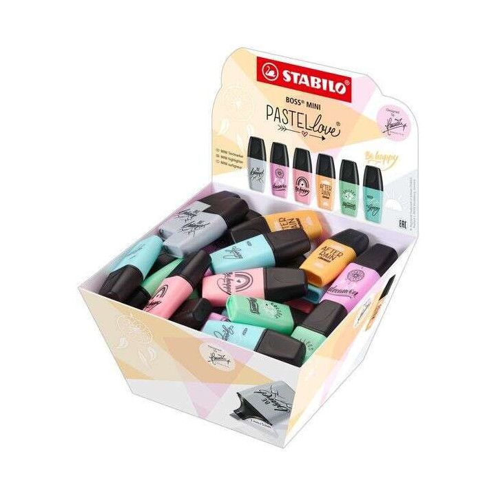 Stabilo Boss Mini Pastellove Expositor con 50 Marcadores Fluorescentes - Trazo entre 2 y 5mm - Tinta con Base de Agua - Antisec