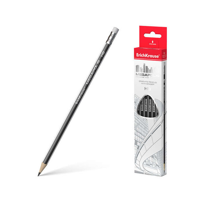 Erichkrause Megapolis HB - Lapiz de Grafito Triangular con Goma de Borrar - Madera Seleccionada - Dureza HB - Resistente al Imp