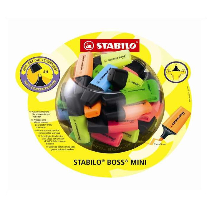 Stabilo Boss Mini Expositor con 50 Marcadores Fluorescentes - Trazo entre 2 y 5mm - Tinta con Base de Agua - Antisecado - Color