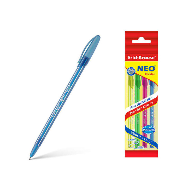 Erichkrause Neo Cocktail Pack de 4 Boligrafos Stick Brillante y Desechable - Punta de Aguja Fina - Tinta Semi-Gel - Color Azul