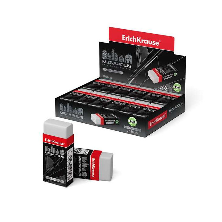 Erichkrause Megapolis Goma de Borrar Suave - Fabricada de Caucho Termoplastico Hipoalergenico - Ecologica y Moderna - Envoltori