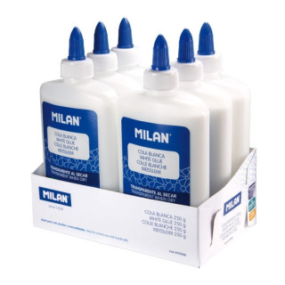 Milan Expositor con 6 Botes de Cola Blanca 250gr - Lavable y sin Disolventes - Ideal para Uso Escolar y Manualidades - Transpar