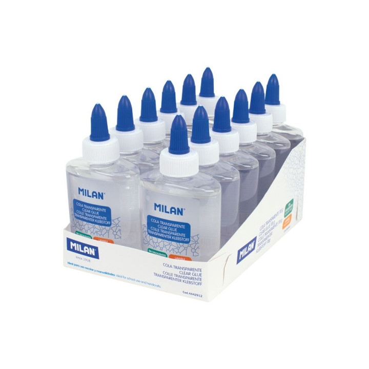 Milan Expositor con 12 Botes de Cola Transparente 118gr - Lavable y sin Disolventes - Ideal para Uso Escolar y Manualidades
