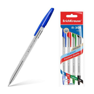Erichkrause R-301 Pack de 4 Boligrafos de Bola Punta 1.0mm - Trazo 0.5mm - Tinta de Secado Rapido - Cuerpo Transparente - Capuc