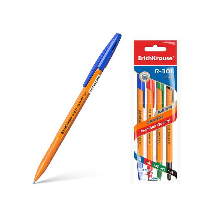 Erichkrause Pack de 4 Boligrafos R-301 Naranja Stick 0.7 - Cuerpo Hexagonal Opaco - Punta de 0.7mm - Tinta de Secado Rapido - C