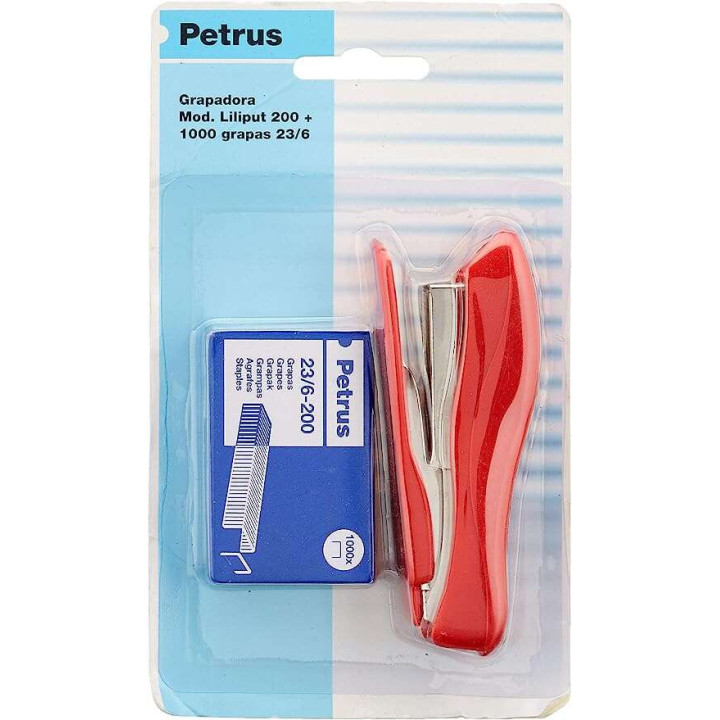Petrus 200 Liliput Grapadora + 1 Caja grapas 23/6-200 - Hasta 12 Hojas - Grapas 23/6 - Grapado Cerrado y Clavado - Colores Surt