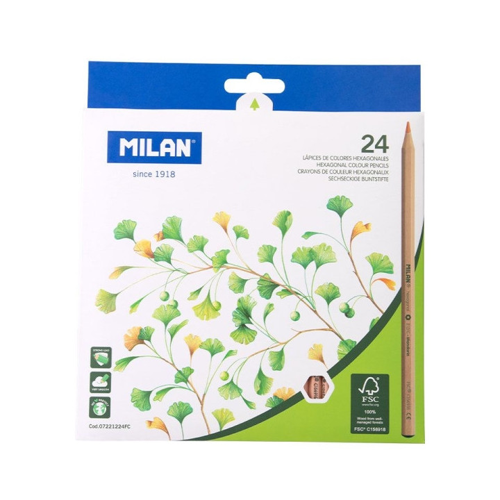 Milan Pack de 24 Lapices Hexagonales de Colores - Mina 2.9mm - Resistente a la Rotura - Madera Certificada FSC - Colores Surtid