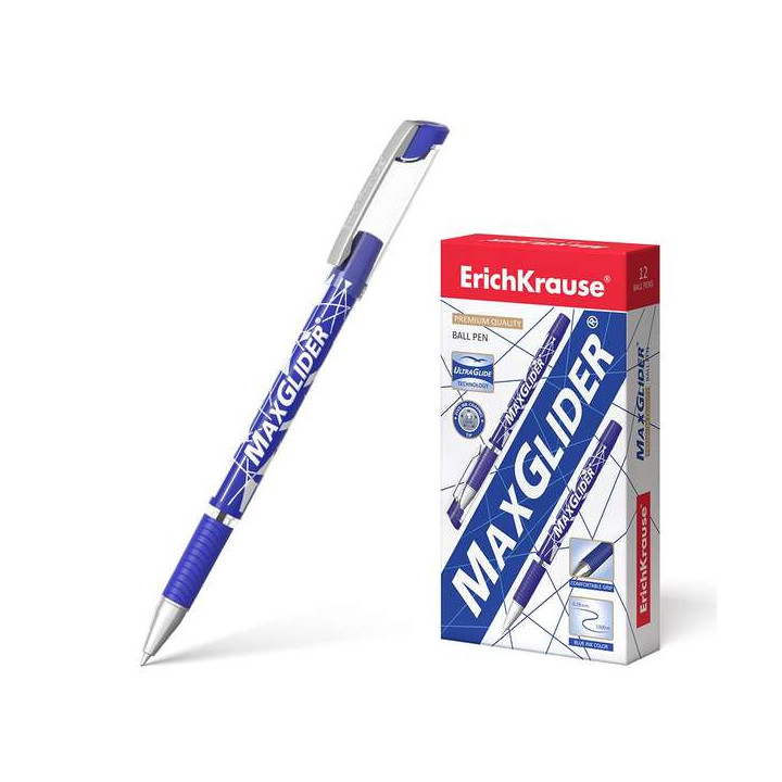 Erichkrause Boligrafo Maxglider - Ultra Glide Technology - Cuerpo Redondo con Grip de Goma - Tinta Azul