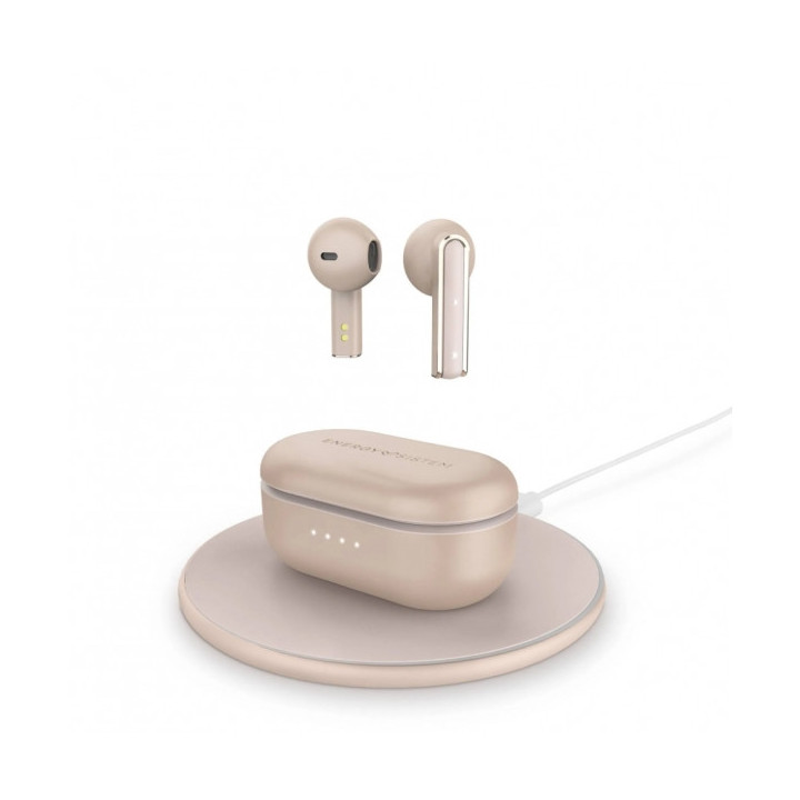 Energy Sistem Auriculares Bluetooth True Wireless - Base de Carga Inalambrica Incluida - 25 horas de Musica - Color Rosa Oro