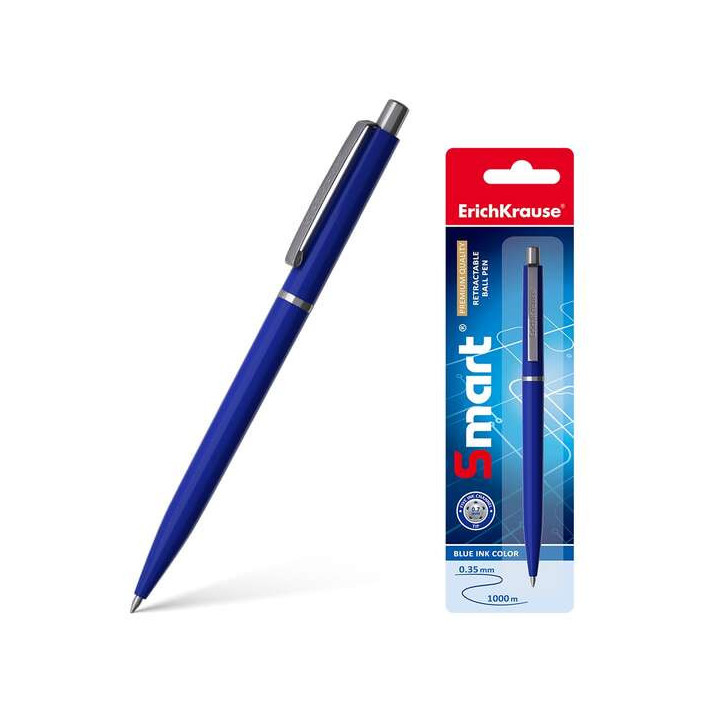 Erichkrause Smart Boligrafo Retractil con Clip Metalico - Punta de 07mm - Trazo de 0.35mm - Tinta de Secado Rapido - Color Azul