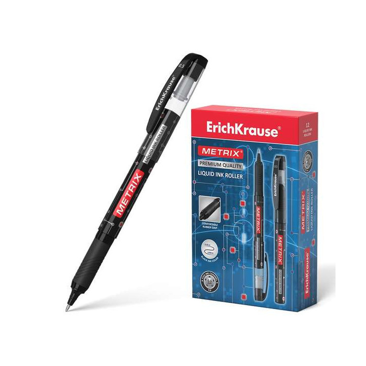 Erichkrause Metrix Boligrafo Tinta Gel - Punta 0.5mm - Agarre de Goma - Capuchon con Clip - Secado Rapido - Color Negro