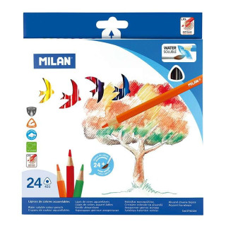 Milan Pack de 24 Lapices Triangulares Acuarelables + Pincel - Mina 2.9mm - Trazo Uniforme - Resistente a la Rotura - Colores Su