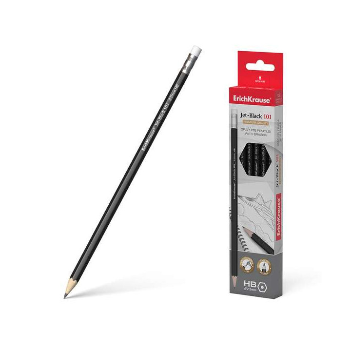 Erichkrause Jet Black 101 Lapiz de Grafito Hexagonal HB con Goma de Borrar - Resistente al Impacto - Color Negro