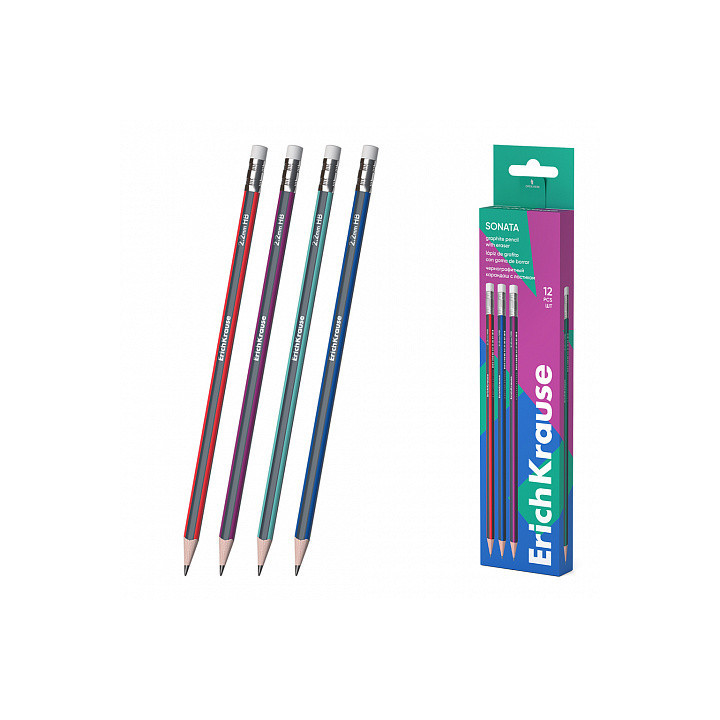 Erichkrause Sonata Lapiz de Grafito HB Triangular con Goma de Borrar - Facil Afilado - No Araña el Papel - Madera Seleccionada