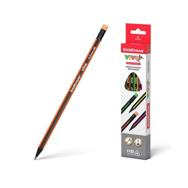 Erichkrause Vivo HB Lapiz de Grafito Triangular con Goma de Borrar - Madera Seleccionada - Alta Resistencia al Impacto - Facil