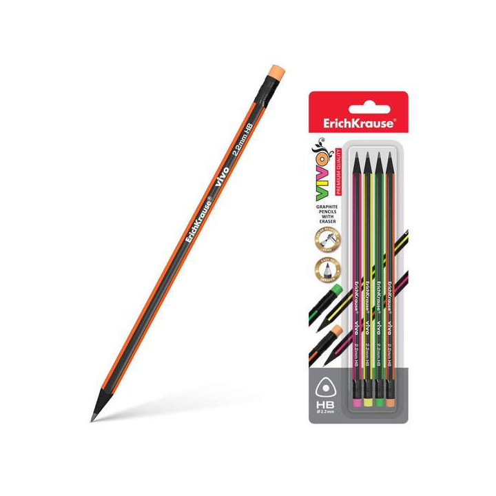 Erichkrause Vivo HB Pack de 4 Lapices de Grafito Triangular HB con Goma de Borrar del Color del Lapiz - Madera Seleccionada - R