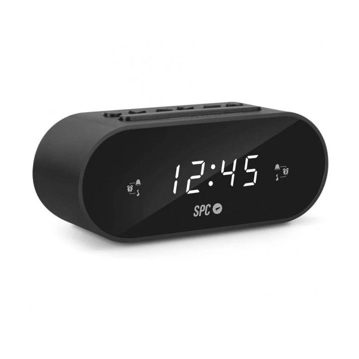 SPC Frodi Radio Despertador - Pantalla LED con Brillo Regulable - Boton Snooze - Almacena 10 Emisoras - Color Negro