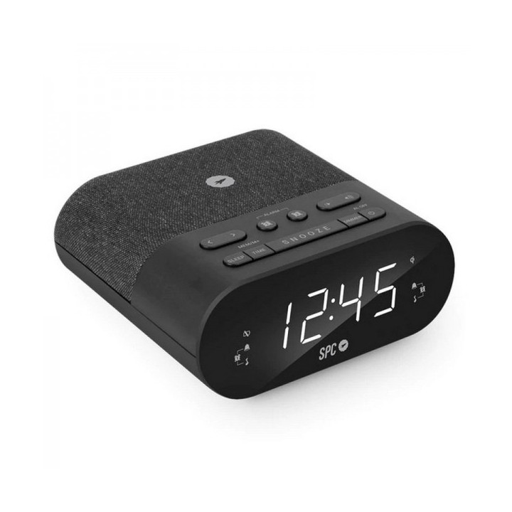 SPC Frodi Qi Radio Despertador con Base de Carga Inalambrica - Almacena Emisoras de Radio - 2 Alarmas Configurables - Color Neg