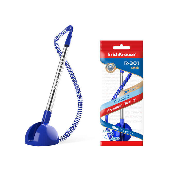 Erichkrause Boligrafo R-301 Desk Pen 1.0 - Punta de 1.0mm - Tinta de Secado Rapido - Cuerpo Hexagonal Transparente - Color Azul