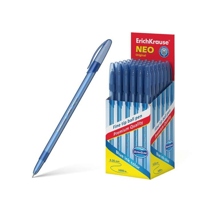 Erichkrause Boligrafo Neo Original - Punta de Aguja Sofisticada Fine Tip - Cuerpo Redondo Translucido Mate - Tinta Color Azul