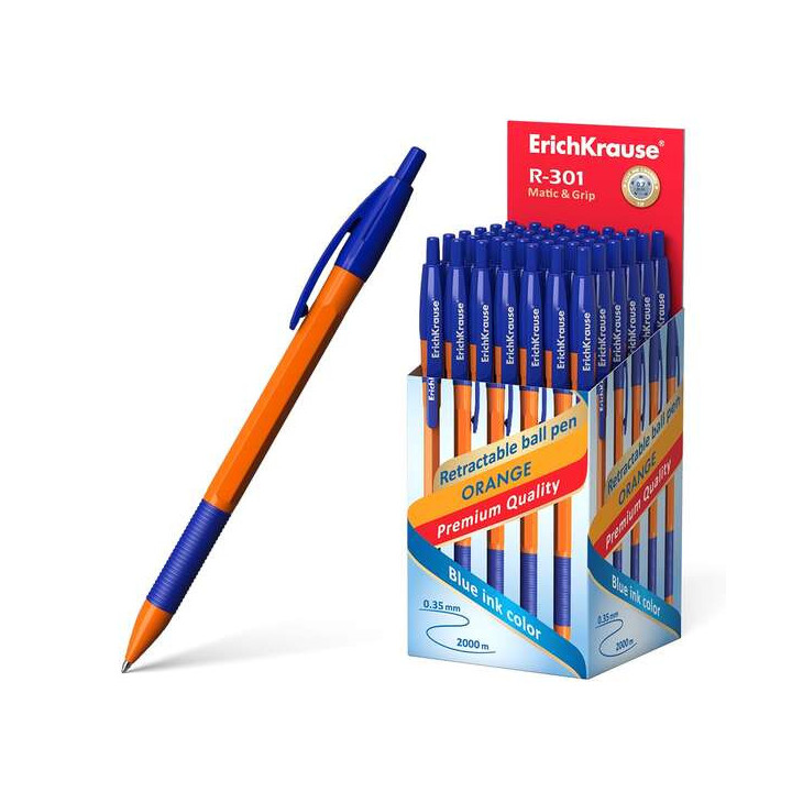Erichkrause R-301 Naranja Matic&Grip Boligrafo Retractil - Punta de 07mm - Trazo de 0.35mm - Grip de Goma - Tinta de Secado Rap
