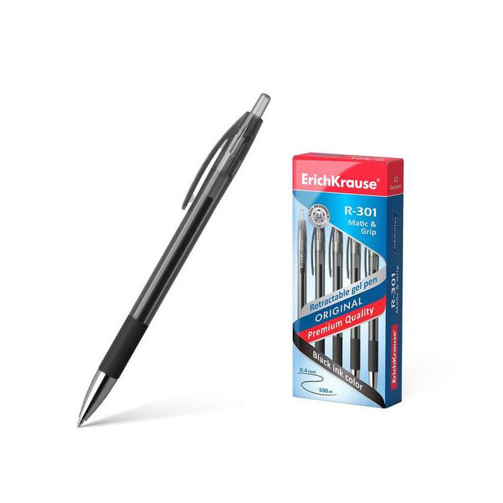 Erichkrause Boligrafo de Gel Automatico R-301 Original Gel Matic&Grip - Tinta de Gel de Secado Rapido - Cuerpo Transparente con