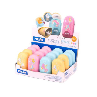 Milan Capsule Roller Expositor de 16 Afilaborras Capsule con Goma de Borrar - Cuchilla de Seguridad - Colores Azul