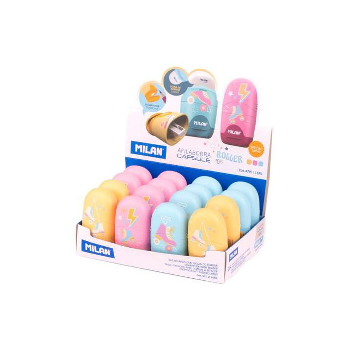 Milan Capsule Roller Expositor de 16 Afilaborras Capsule con Goma de Borrar - Cuchilla de Seguridad - Colores Azul