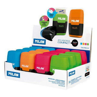 Milan Compact Fluo Expositor de 16 Afilaborras - Uso Estandar y Maxi - Cuchilla de Acero - Goma de Borrar - Cuchilla de Segurid