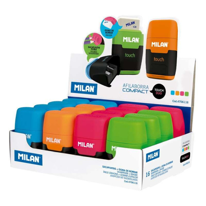 Milan Compact Fluo Expositor de 16 Afilaborras - Uso Estandar y Maxi - Cuchilla de Acero - Goma de Borrar - Cuchilla de Segurid