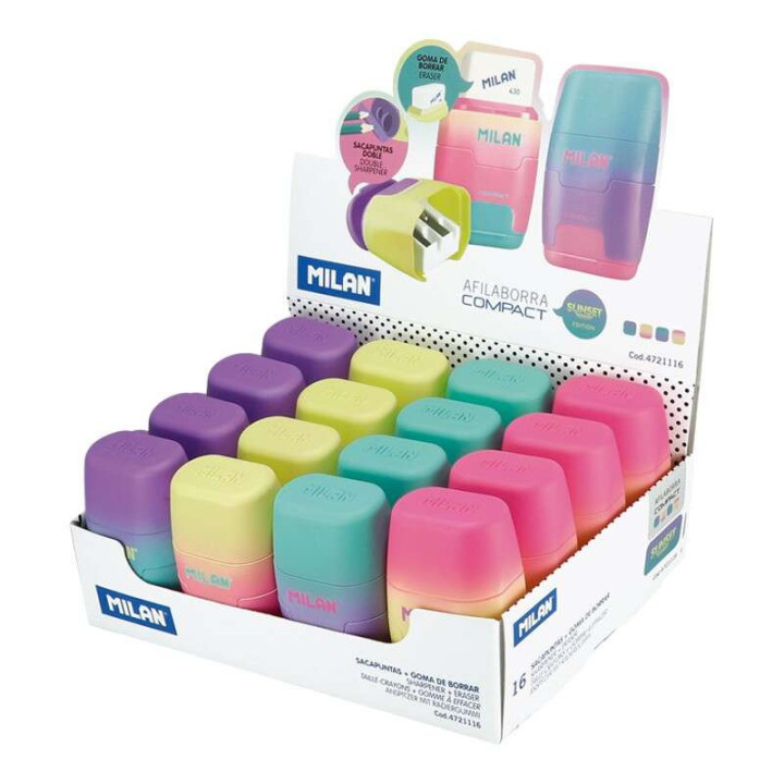 Milan Compact Sunset Expositor de 16 Afilaborras - Uso Estandar y Maxi - Cuchilla de Acero  - Goma de Borrar - Cuchilla de Segu