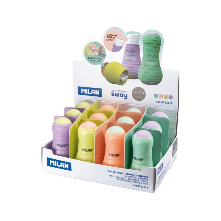 Milan Sway Pastel Expositor de 12 Afilaborras con Goma de Borrar - Sacapuntas Con Deposito y Cuchilla de Seguridad - Colores Su